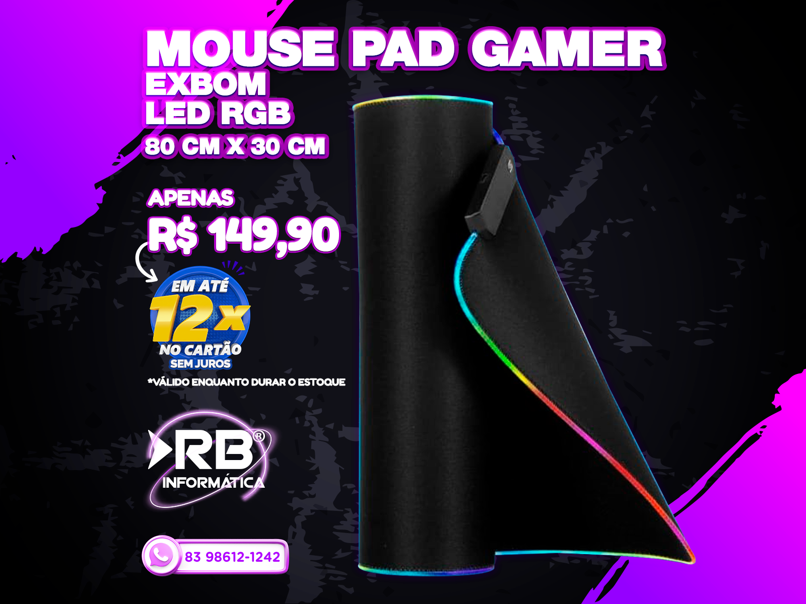 Mouse Pad Gamer Exbom Led RGB 80CM X 30CM