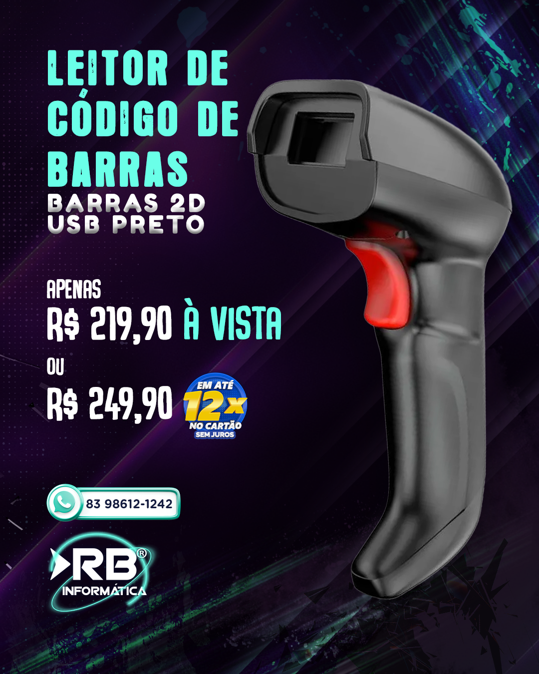Leitor deCódigo de Barras - barras 2D - USB Preto
