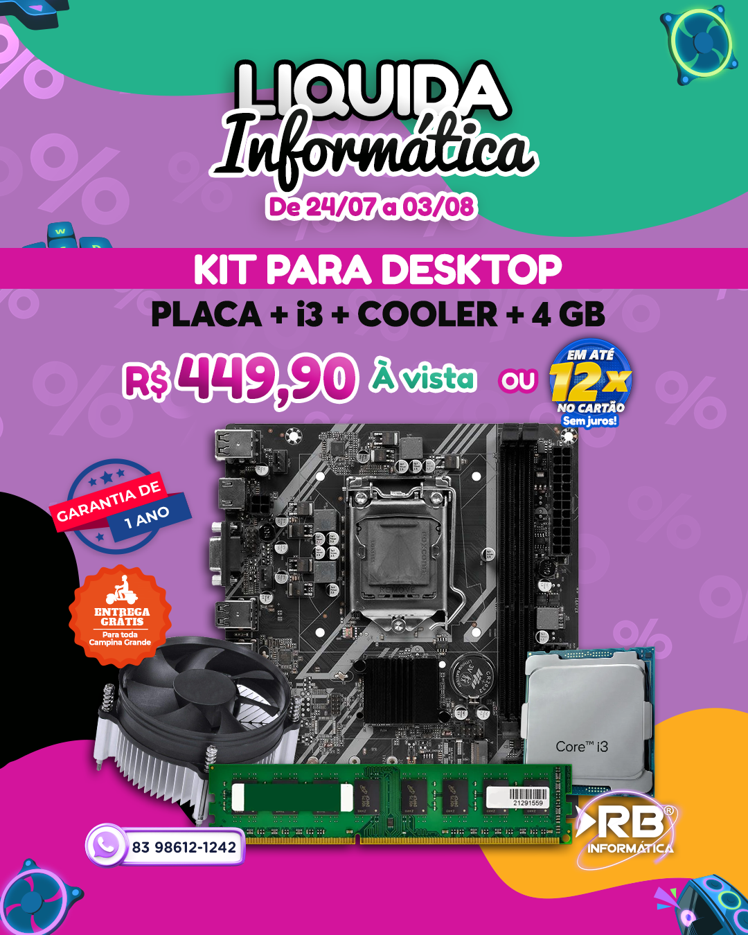 Kit para Desktop: Placa + i3 + Cooler + 4GB