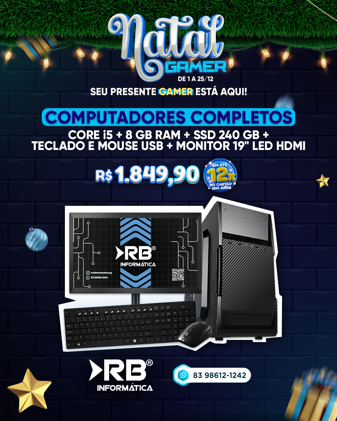 Computador Completo CORE i5 + 8 GB RAM + SSD 240 GB + TECLADO E MOUSE USB + MONITOR 19" LED HDMI