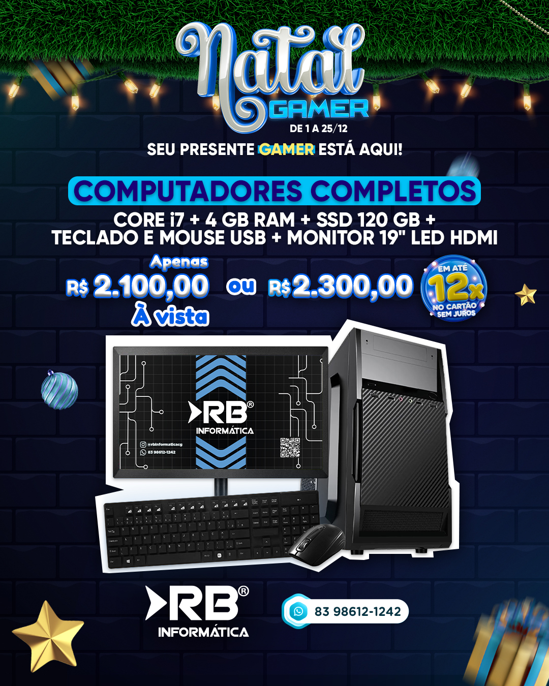Computador Completo CORE i7 + 4 GB RAM + SSD 120 GB + TECLADO E MOUSE USB + MONITOR 19" LED HDMI