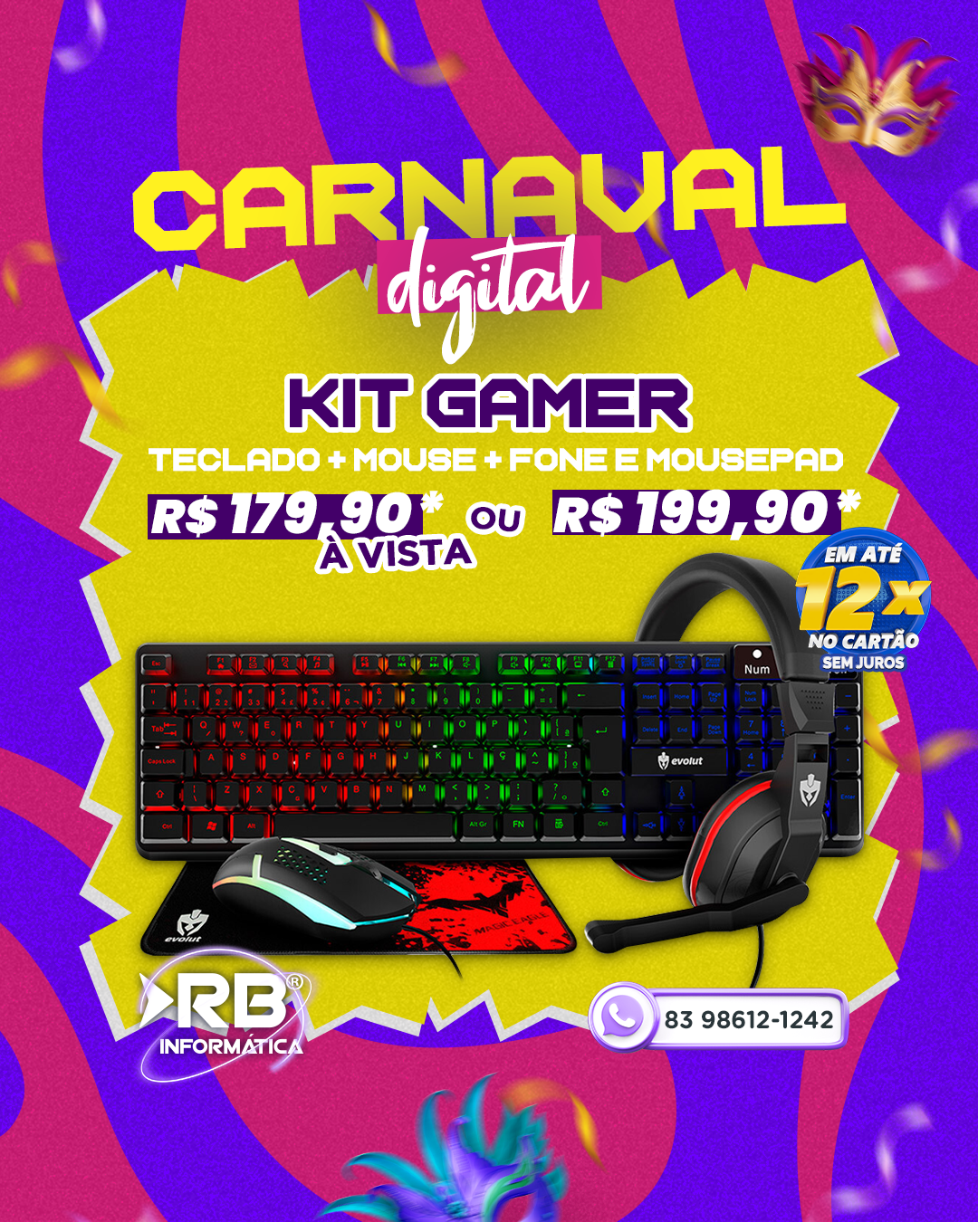 Kit Gamer Teclado + Mouse + Fone e Mousepad