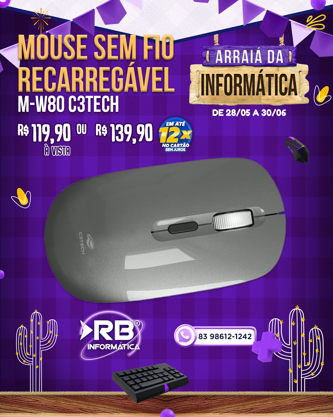 Mouse sem Fio Recarregável M-W80 C3TECH