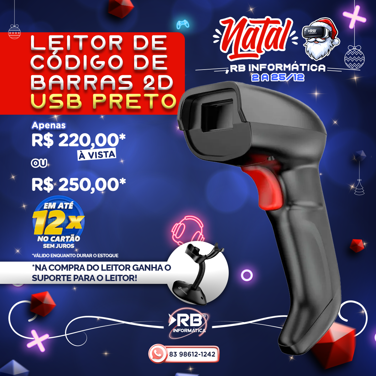 Leitor de código de barras 2D USB Preto