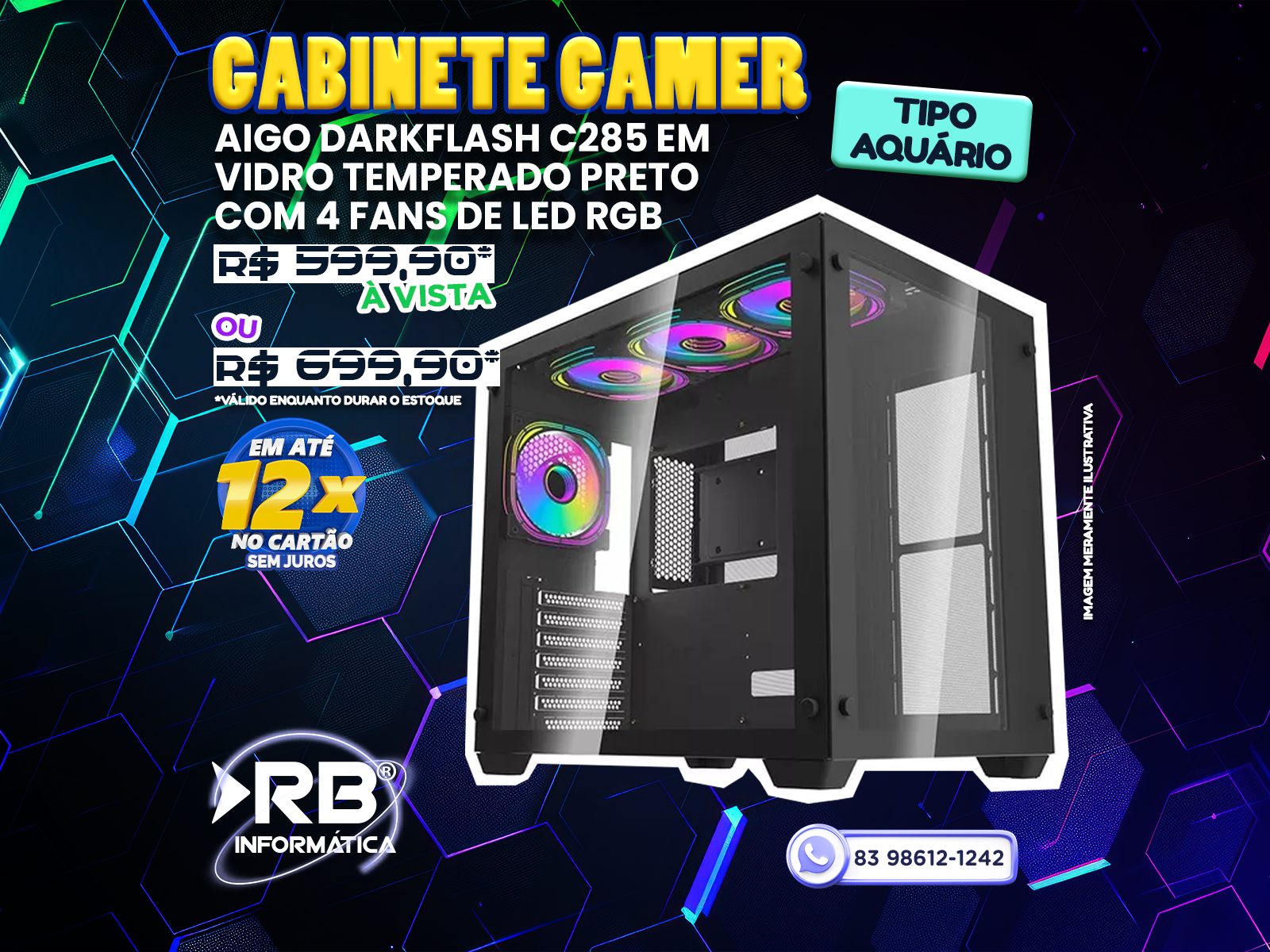 GABINETE GAMER TIPO AQUÁRIO AIGO DARKFLASH C285 EM VIDRO TEMPERADO PRETO COM 4 FANS DE LED RGB