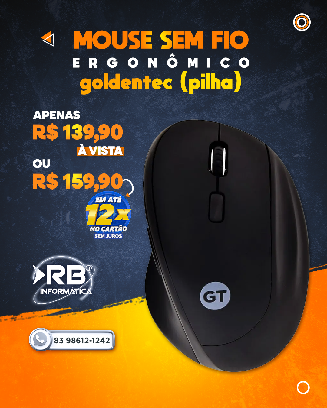 Mouse sem fio ERGONÔMICO - Goldentec (pilha)