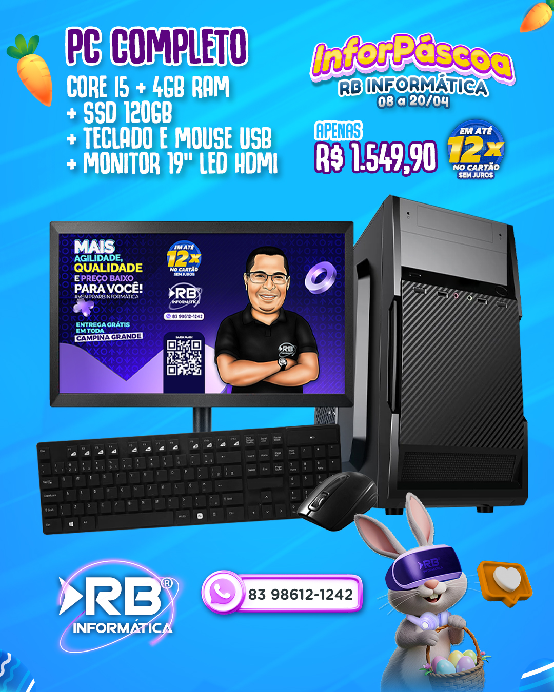 PC Completo Core i5 + 4GB de RAM + SSD 120GB + Teclado e Mouse USB + Monitor de 19" LED HDMI