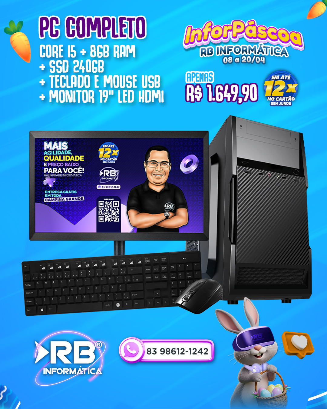 PC Completo Core i5 + 8GB de RAM + SSD 240GB + Teclado e Mouse USB + Monitor de 19" LED HDMI