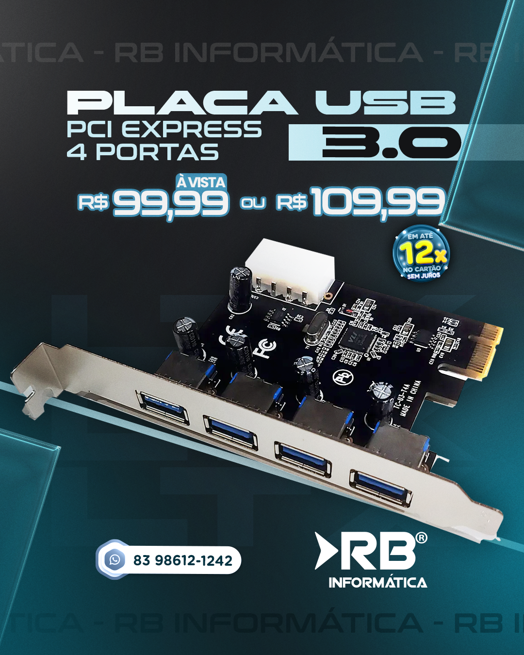 PLACA USB 3.0 PCI EXPRESS 4 PORTAS