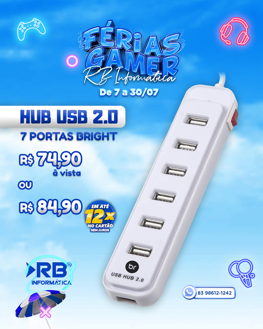 HUB USB 2.0 - 7 Portas - Bright