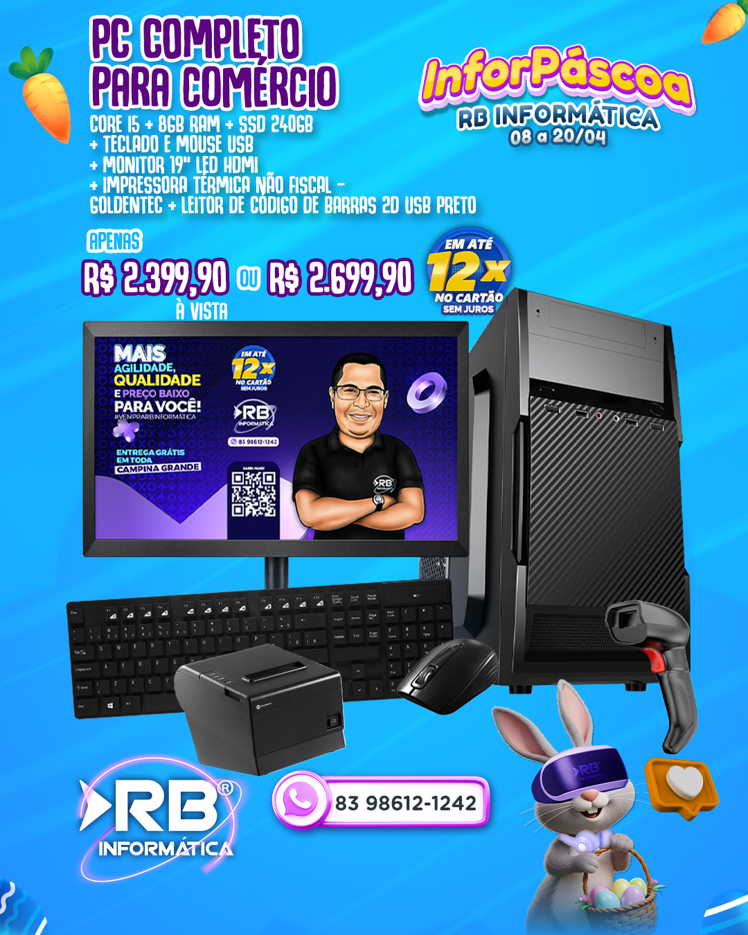 PC Completo Core i5 + 8GB RAM + SSD 240GB + Teclado e Mouse USB + Monitor de 19" LED HDMI + Impressora Térmica Não Fiscal Goldentec + Leitor de Código de Barras 20 USB Preto