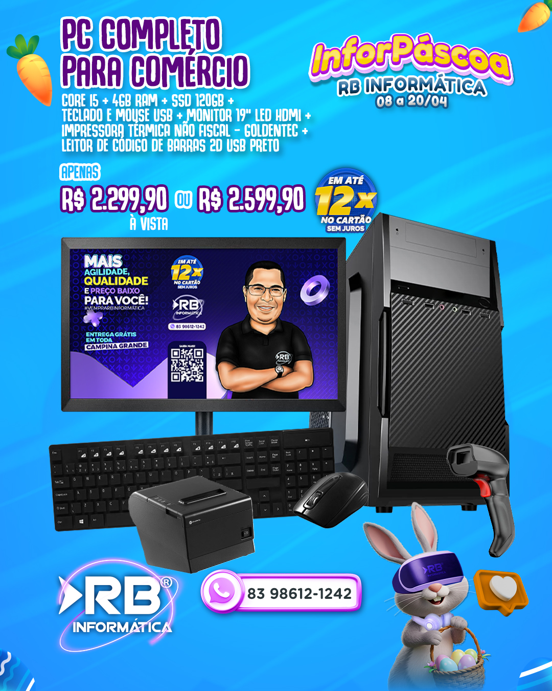 PC Completo Core i5 + 4GB RAM + SSD 120GB + Teclado e Mouse USB + Monitor de 19" LED HDMI + Impressora Térmica Não Fiscal Goldentec + Leitor de Código de Barras 20 USB Preto