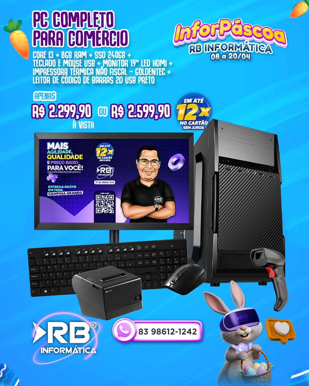 PC Completo Core i3 + 8GB RAM + SSD 240GB + Teclado e Mouse USB + Monitor de 19" LED HDMI + Impressora Térmica Não Fiscal Goldentec + Leitor de Código de Barras 20 USB Preto