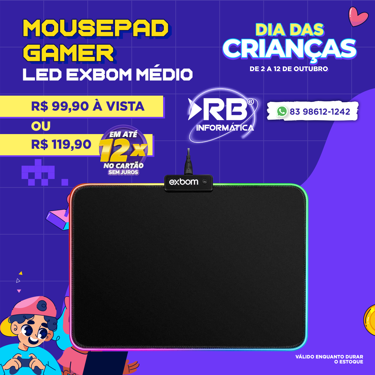 Mousepad Gamer LED EXBOM médio