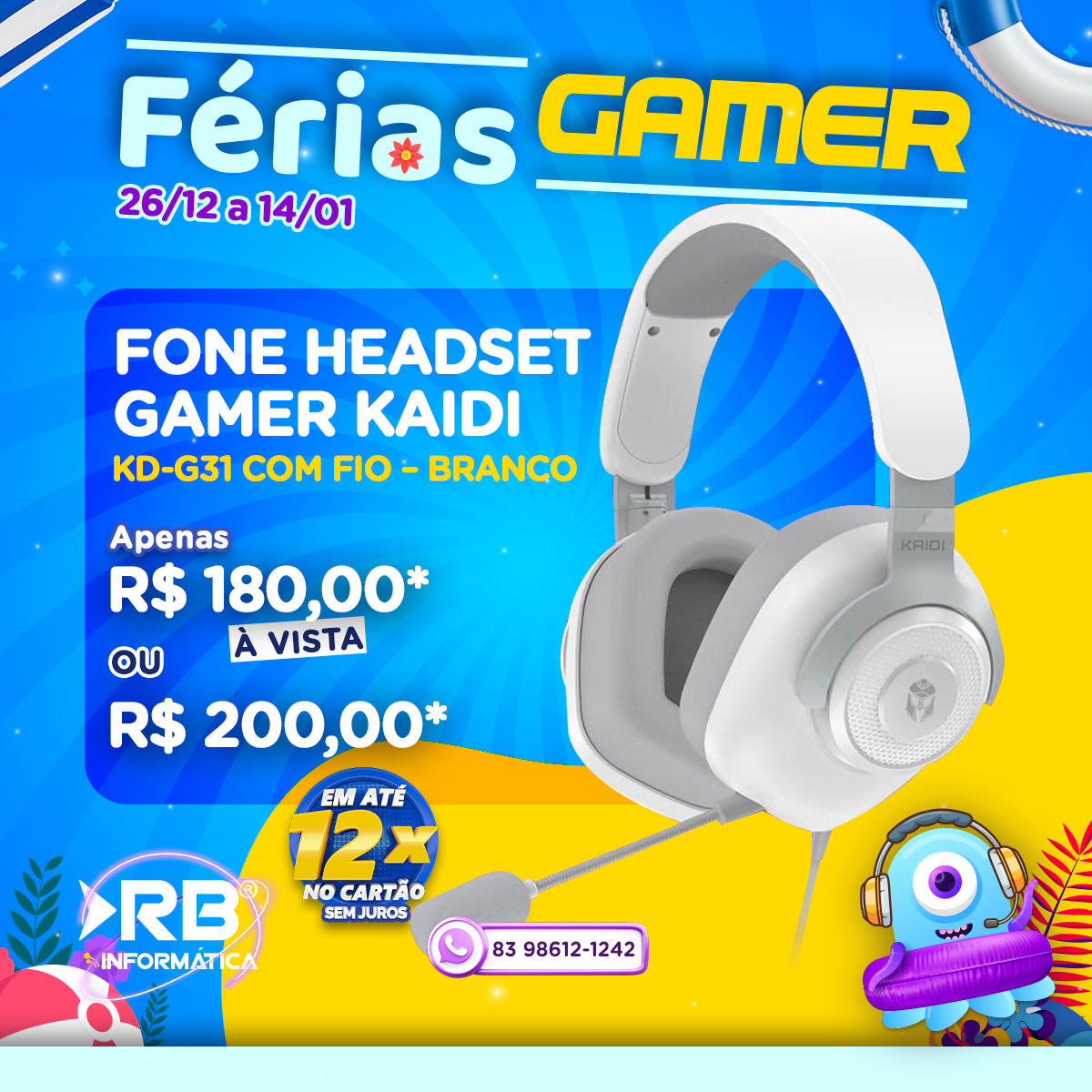 Fone headset gamer KAIDI KD-G31 com fio - BRANCO