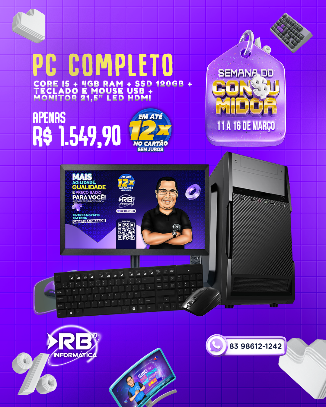 PC Completo Core i5 + 4GB RAM + SSD 120GB + Teclado e Mouse USB + Monitor 21,5 LED HDMI