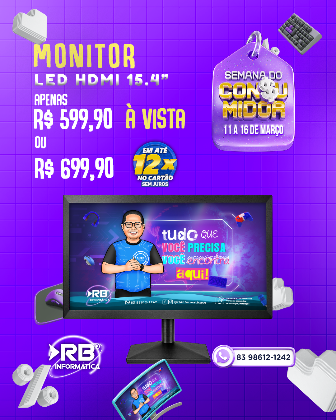 Monitor LED HDMI 15,4"