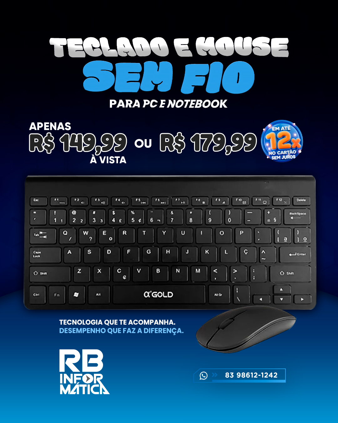 KIT TECLADO E MOUSE SEM FIO SLIM PARA PC E NOTEBOOK