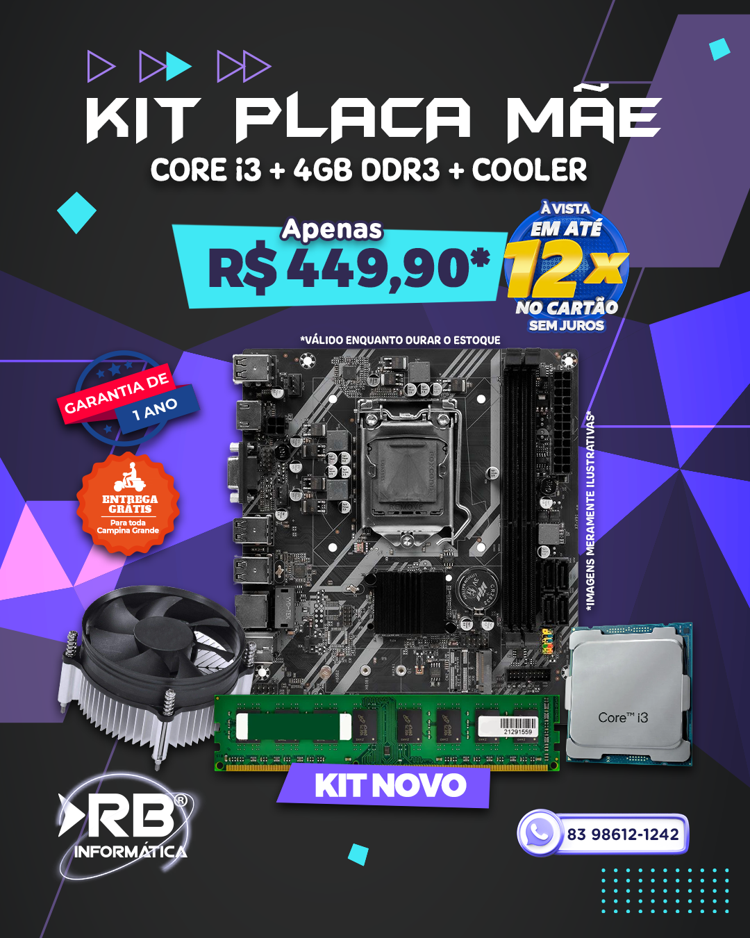 KIT PLACA MÃE CORE i3 4GB DDR3 + COOLER