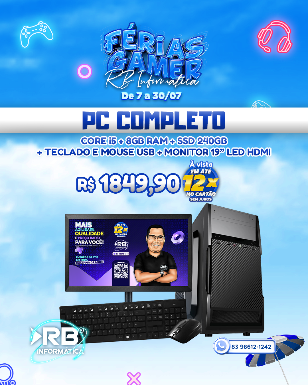 PC Completo Core i5 + 8GB RAM + SSD 240GB + Teclado e Mouse USB + Monitor 19" LED HDMI
