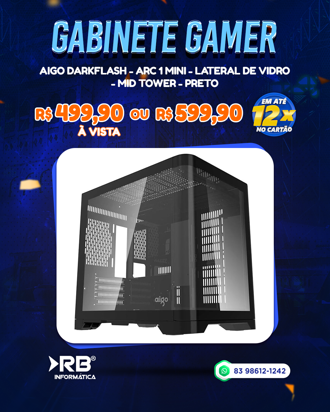 Gabinete Gamer - AIGO DARKFLASH - ARC 1 MINI - Lateral de Vidro - Preto