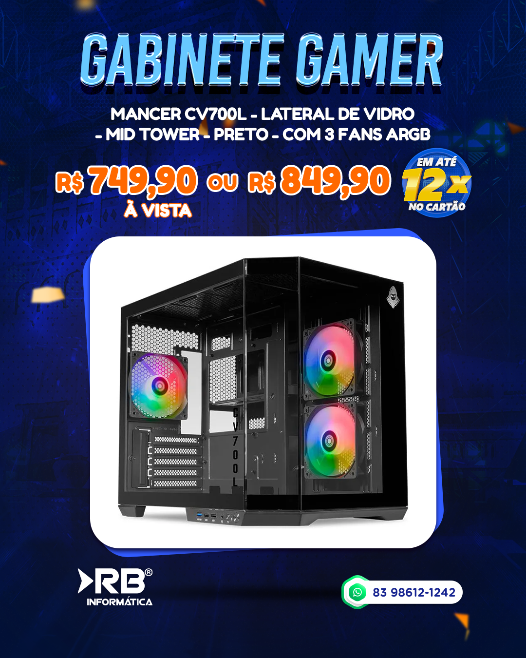 Gabinete Gamer - MANCER CV700L - Lateral de Vidro - Preto - Com 3 FANS ARGB