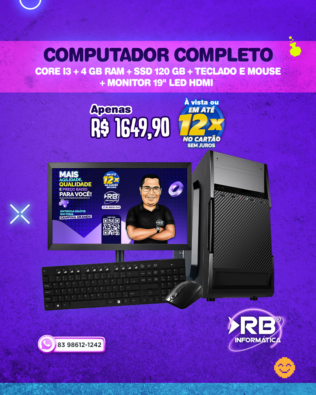 Computador Completo Core i3 +4GB RAM + SSD 120GB + Teclado e Mouse + Monitor 19" LED HDMI