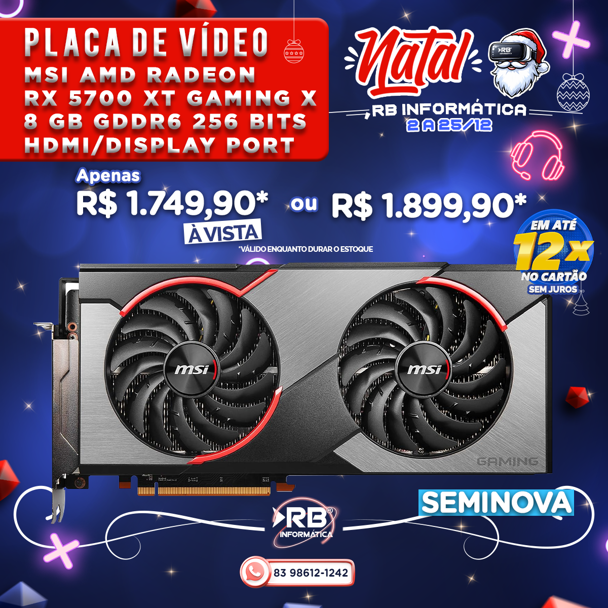 Placa de Vídeo MSI AMD RADEON RX 2700 XT gaming X 8GB GDDR6 256bits HDMI/display port - Seminova
