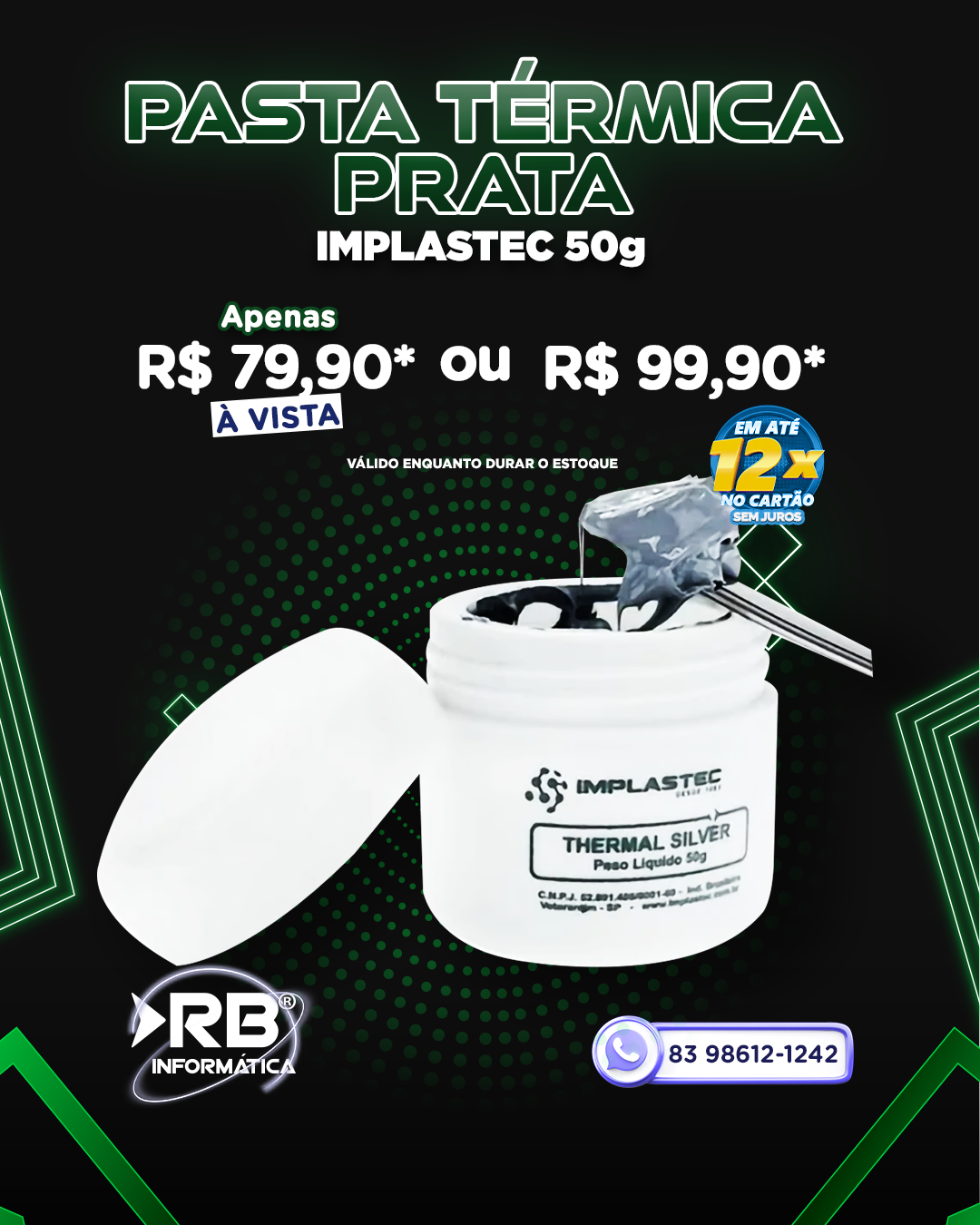 Pasta Térmica Prata IMPLASTEC 50g