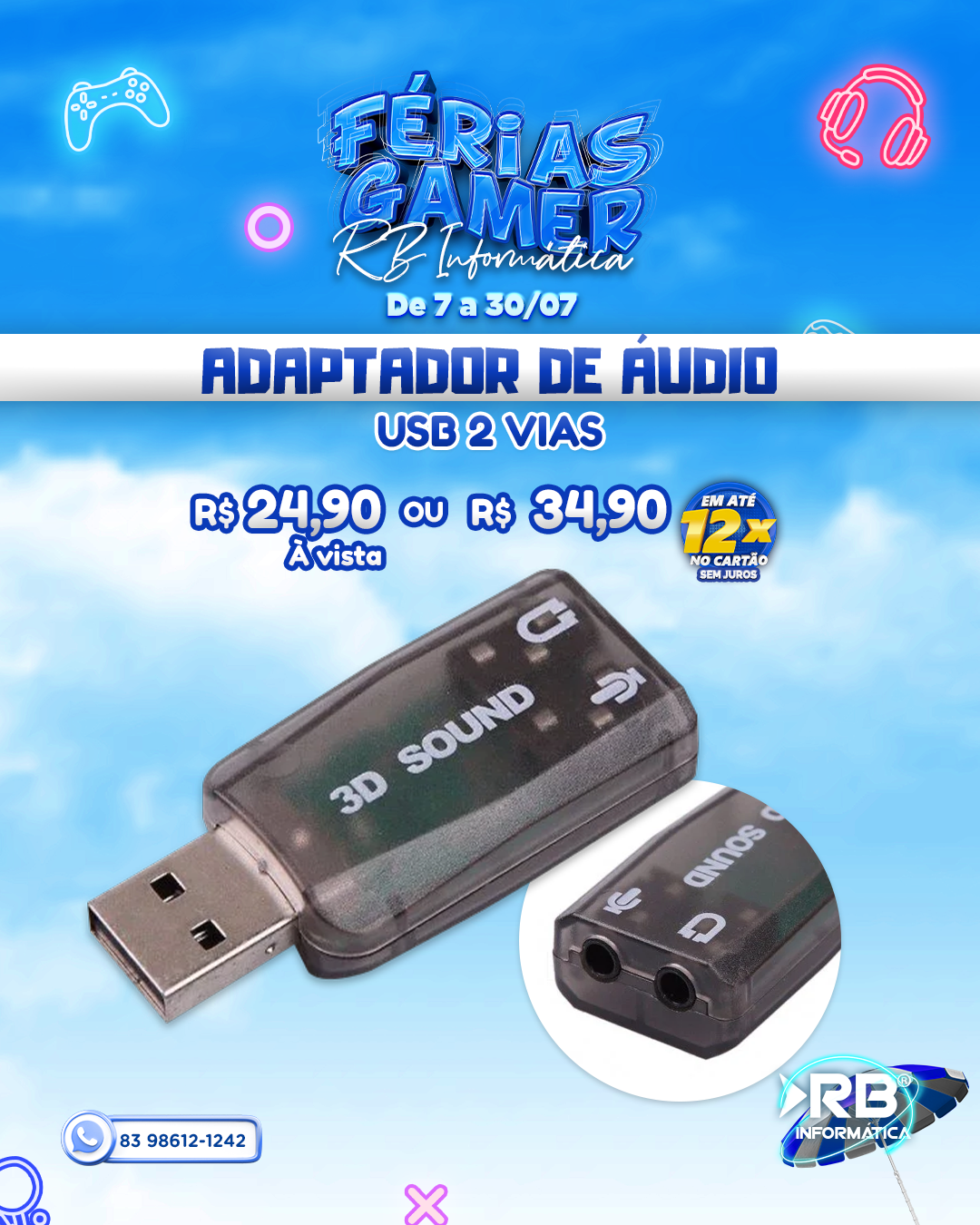 Adaptador de Áudio USB 2 Vias
