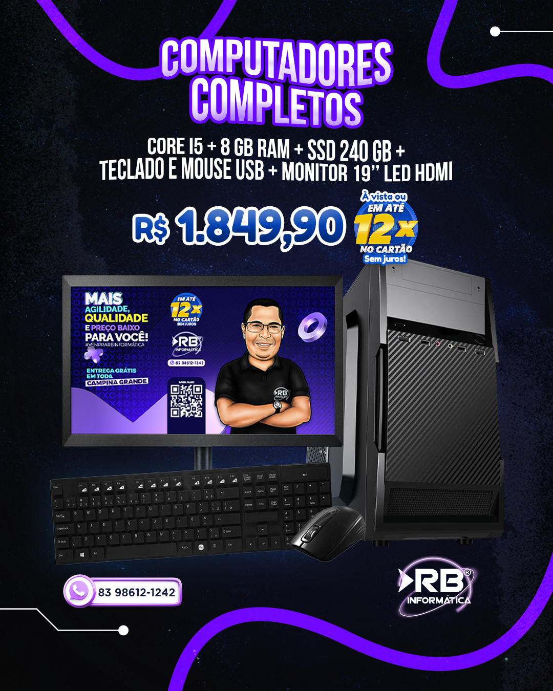 Computador Completo Core i5 + 8GB RAM + SSD 240GB + Teclado e Mouse USB + Monitor 19" LED HDMI