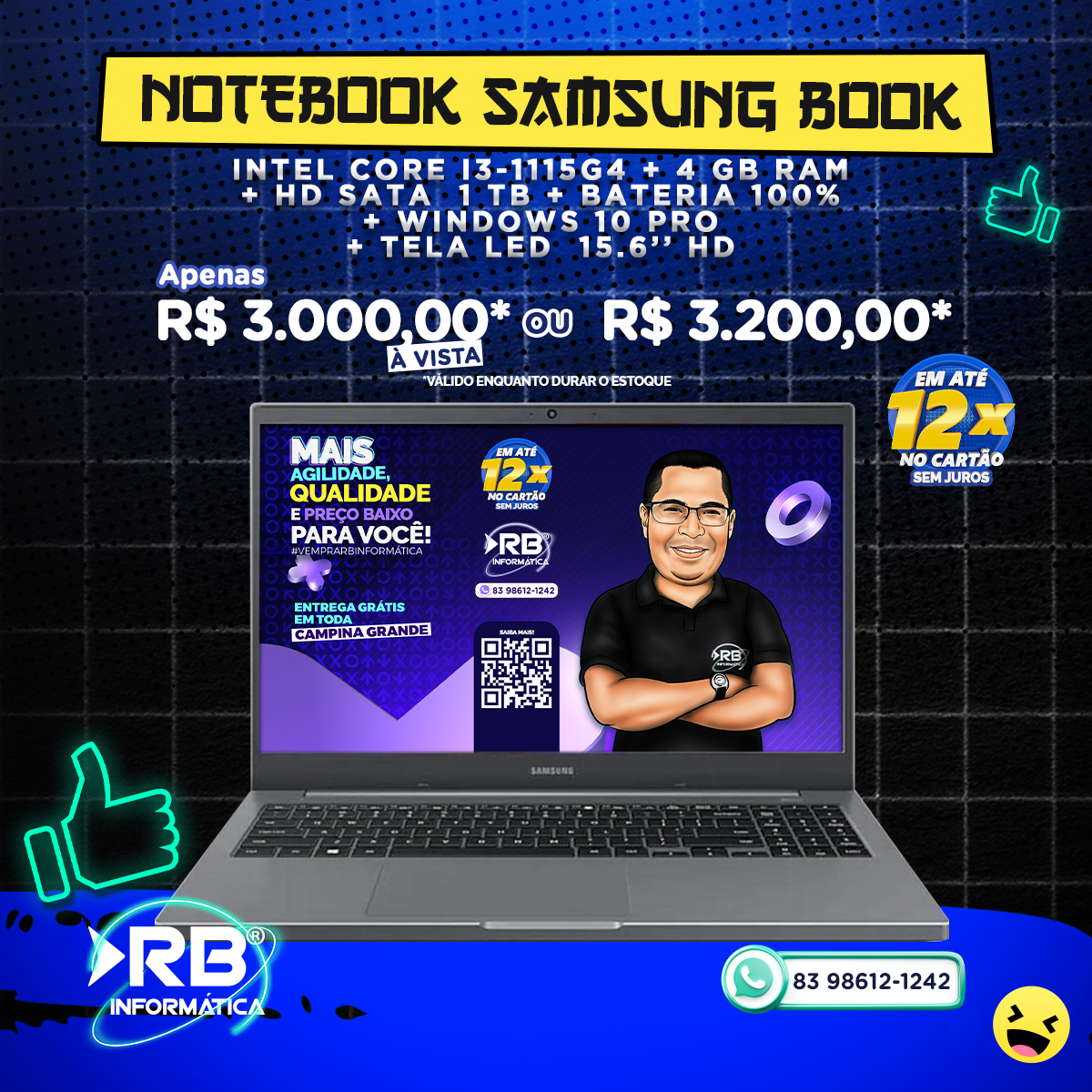NOTEBOOK SAMSUNG BOOK INTEL CORE i3-1115G4 + 4GB RAM + HD SATA 1TB + BATERIA 100% + WINDOWS 10 PRO + TELA LED 15,6” HD