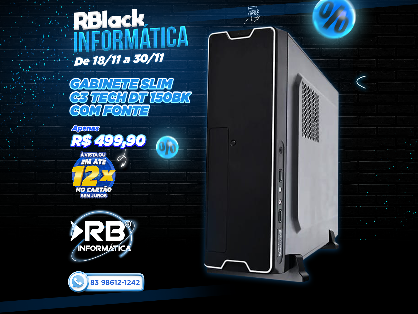 Gabinete Slim C3 TECH DT 150BK com fonte