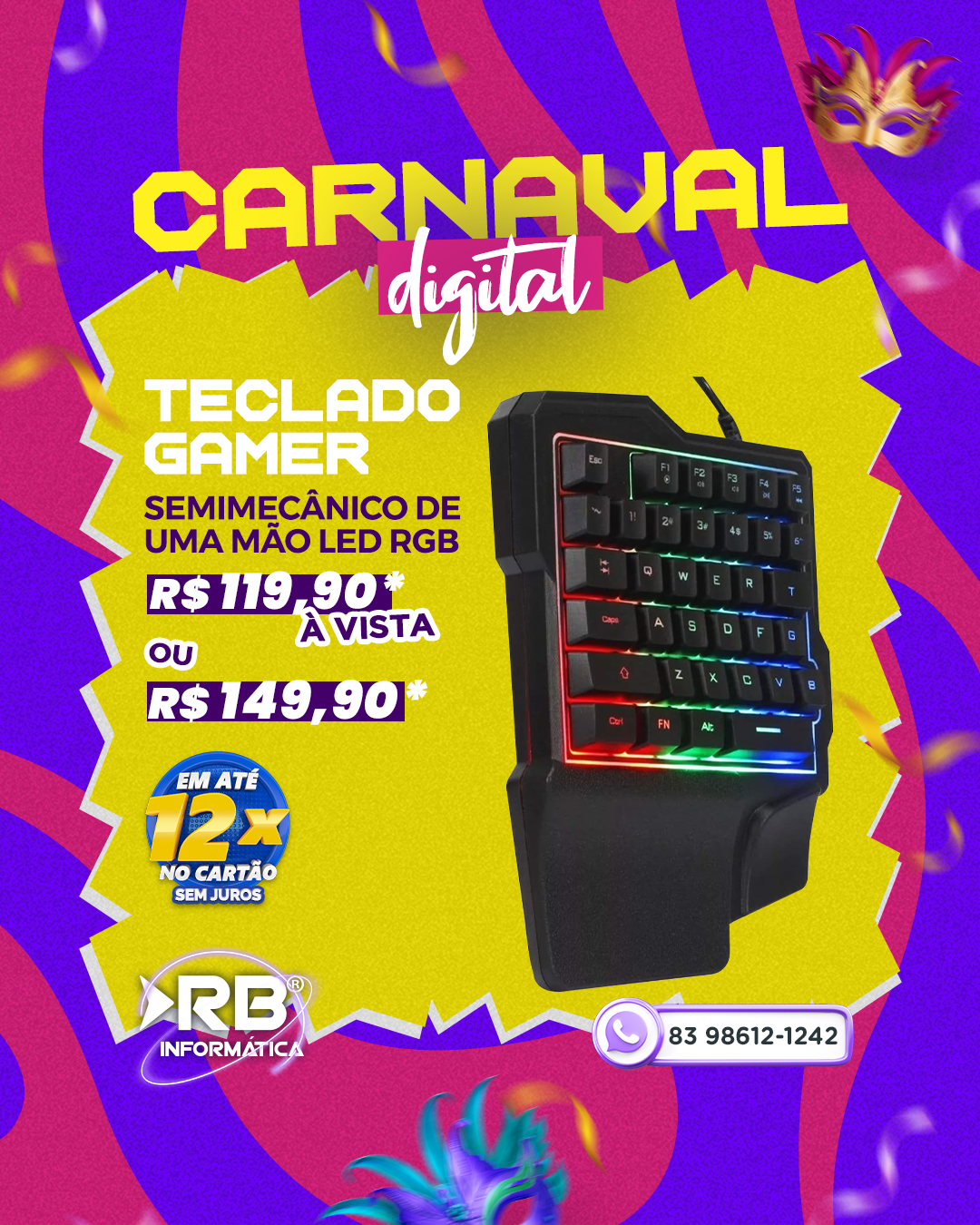 Teclado Gamer semimecânico de uma mão LED RGB
