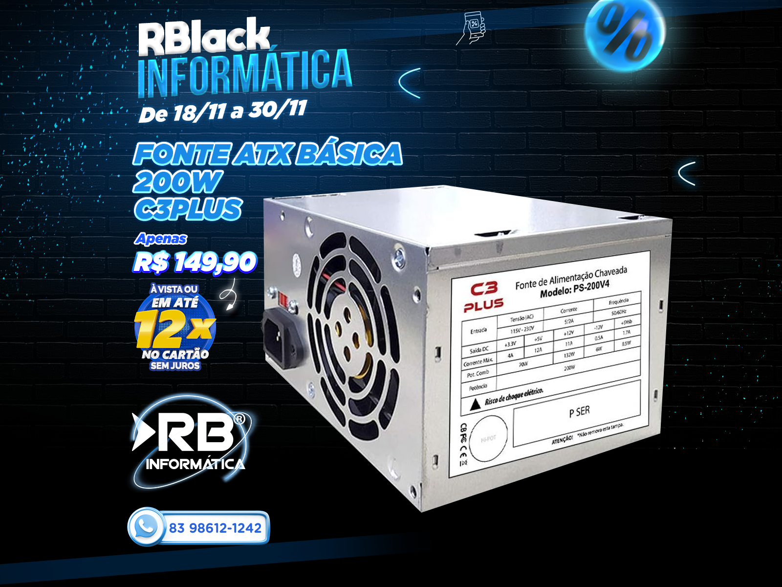 Fonte ATX básica 200W C3PLUS