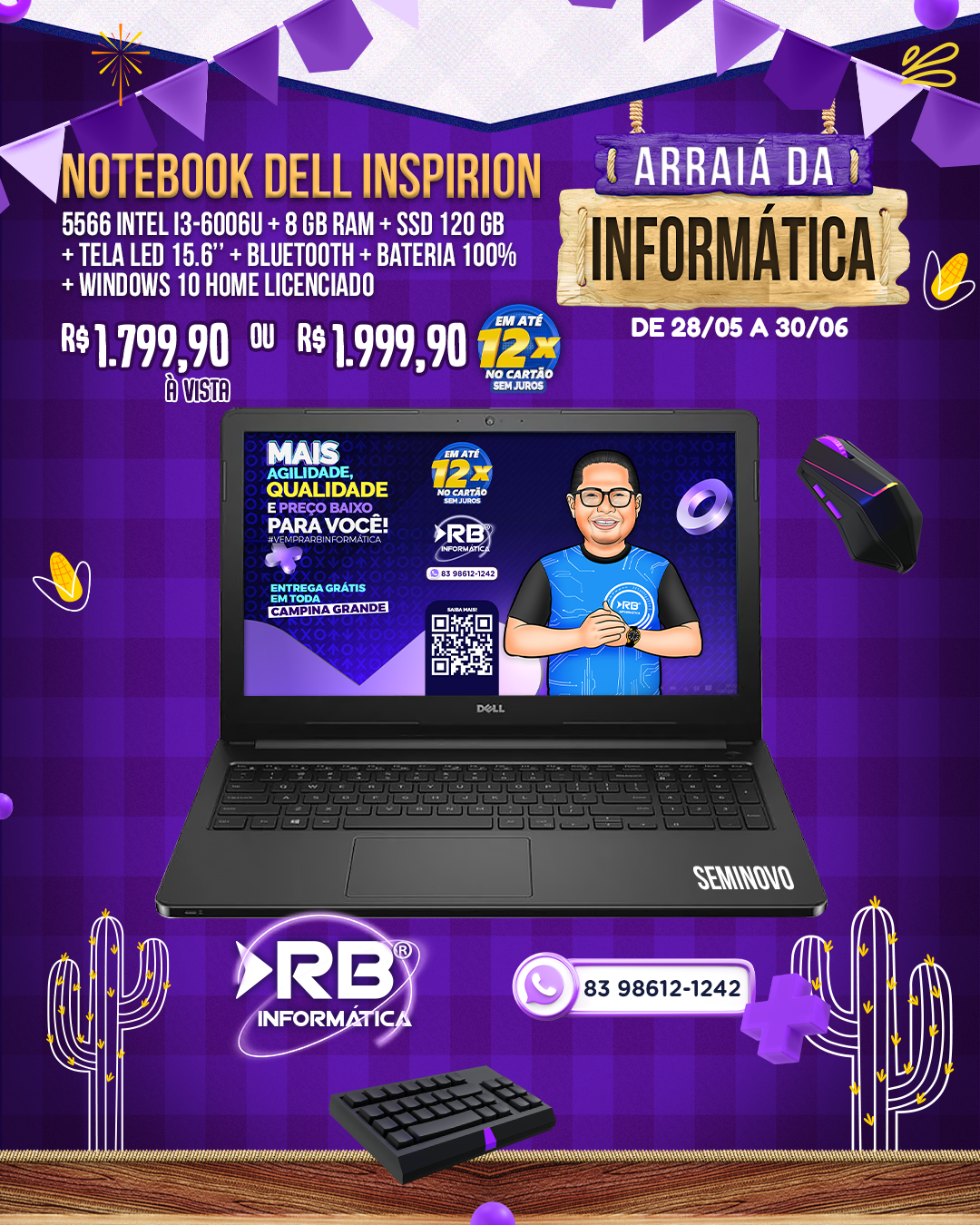 Notebook Dell Inspiron 5566 Intel i3 + 8GB RAM + SSD 120GB + Tela LED 15.6"