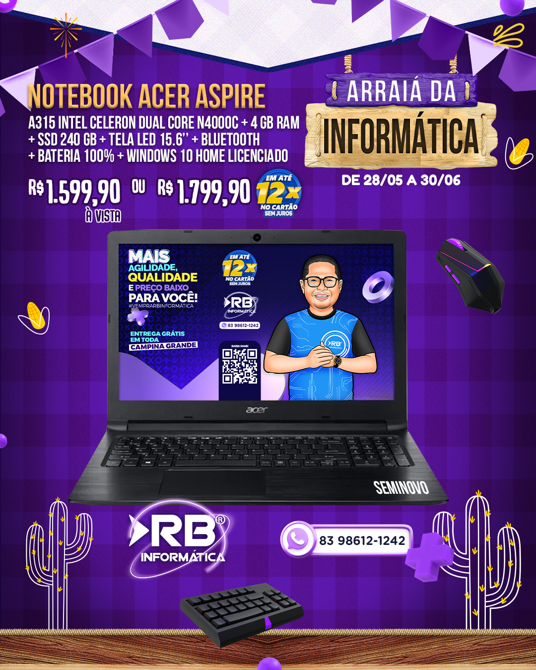 Notebook Acer Aspire A615 Intel Celeron Dual Core N4000C + 4GB RAM + ssd 240GB + Tela LED 15.6"