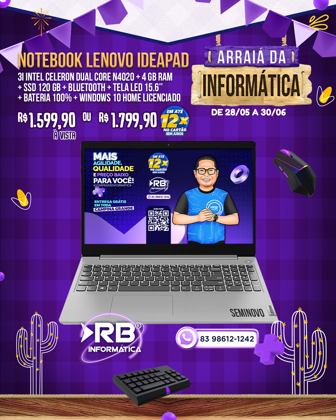 Notebook LENOVO IDEAPAD Intel Celeron + 4GB RAM + SSD 120GB + Tela LED 15.6"