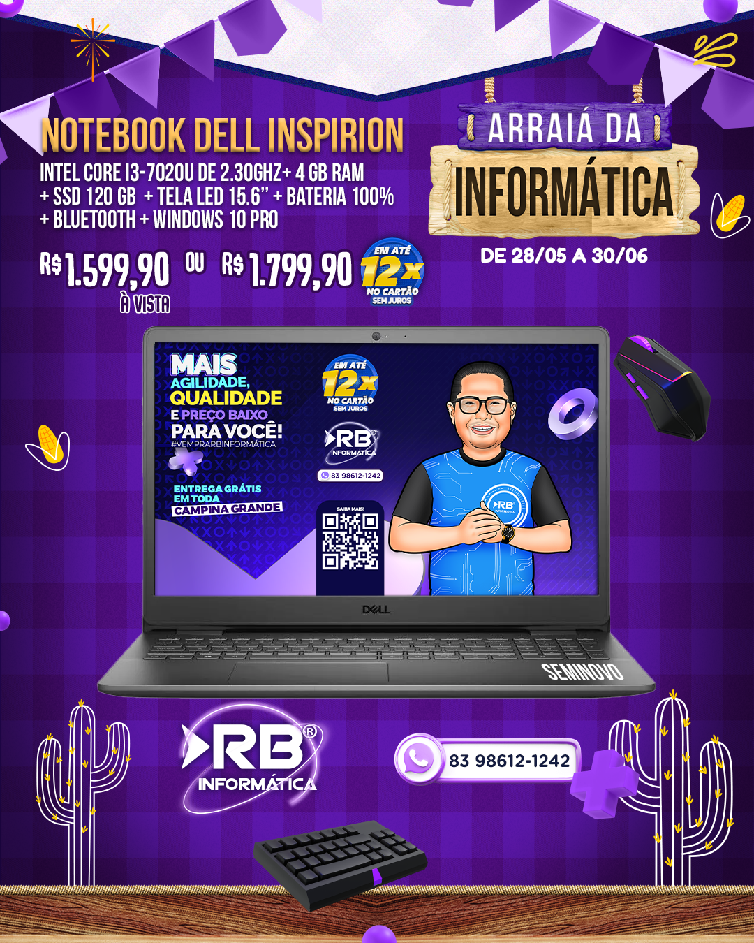 Notebook Dell Inspiron Core i3 + 4GB RAM + SSD 120GB + Tela LED 15.6"