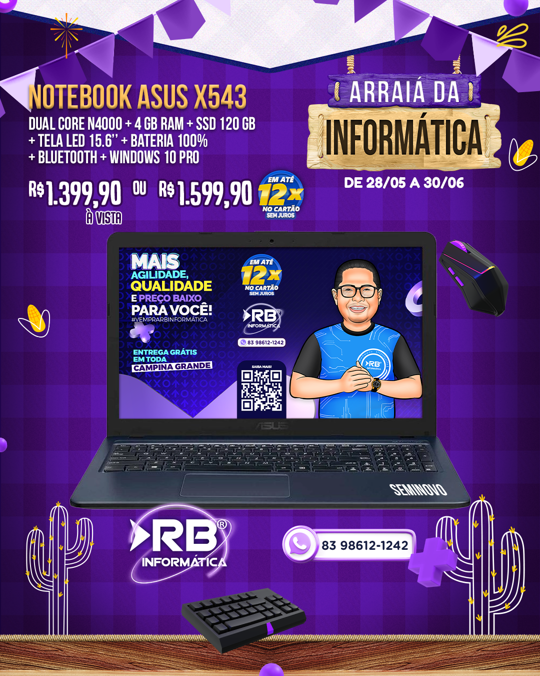 Notebook Asus X543 Dual Core N4000 + 4 GB RAM + SSD 120 GB + Tela LED 15.6"