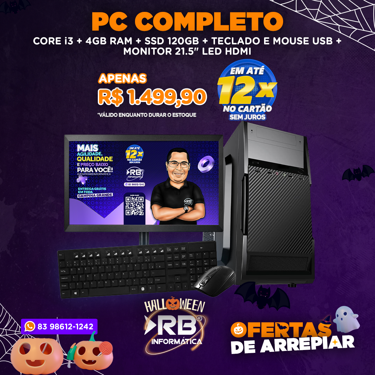 PC Completo Core i3 + 4GB RAM + SSD 120GB + Teclado e mouse USB + Monitor 21.5" LED HDMI
