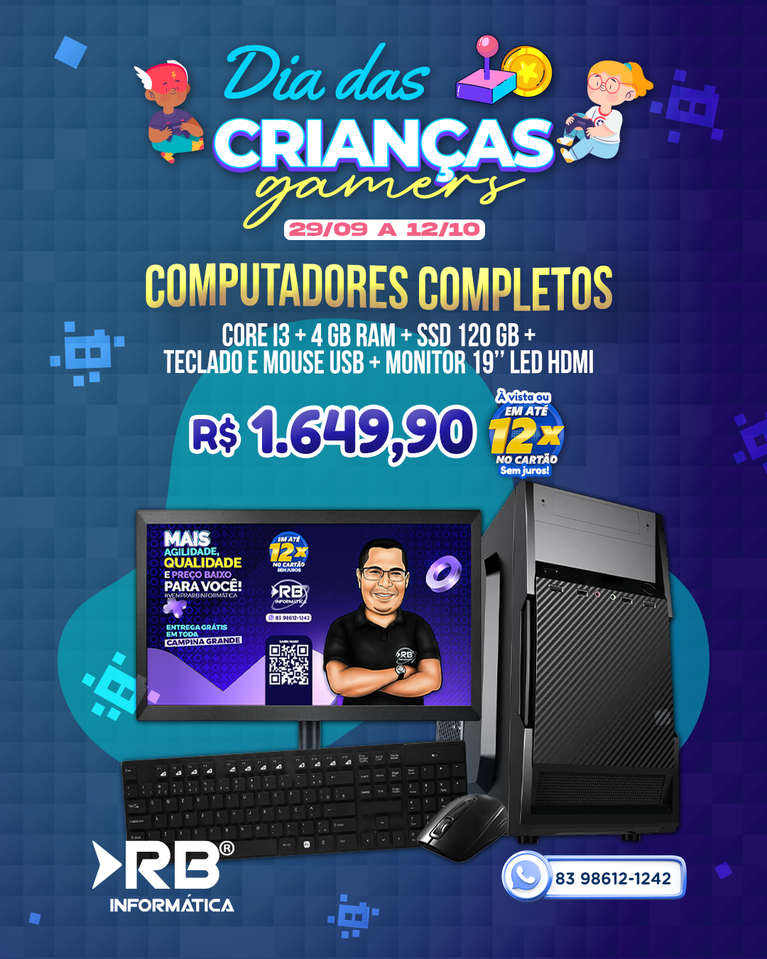 Computador completo Core i3 + 4GB de RAM + SSD 120GB + Teclado e Mouse USB + Monitor 19" LED HDMI