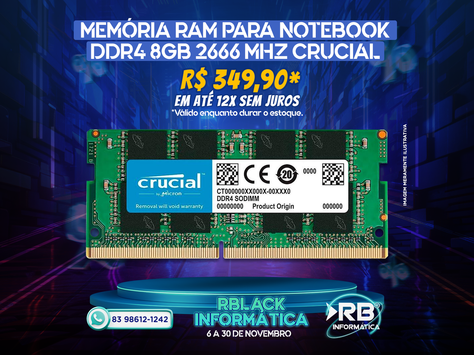 Memória RAM para Notebook DDR4 8GB 2666 MHZ Crucial